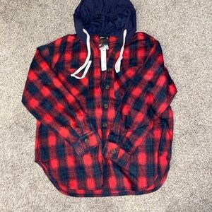 NWT- Plaid Button-Up Hoodie - Red and Blue